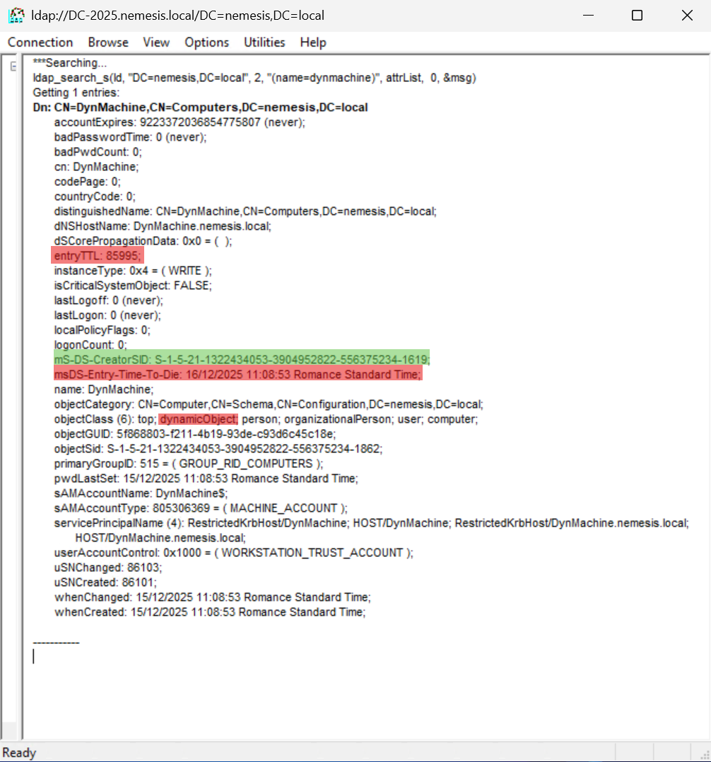 Detailed view of an AD dynamic object (computer) highlighting the expiration attributes